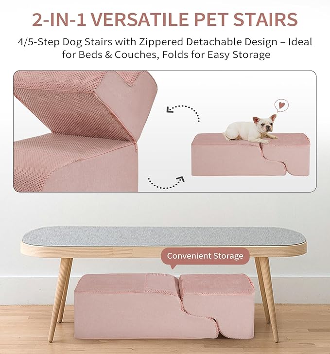 Made4Pets Dog Stairs Ramp for Small Dogs, 3-Step Dog Steps for Bed Couch Sofa and Chair, 35D Foam Pet Steps for Small Dogs and Cats, Non-Slip Bottom Pet Stairs, Pink