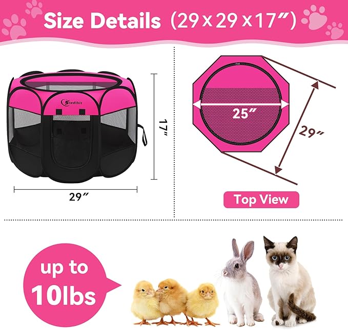 Dog Playpen, Puppy Pet Playpens Indoor for Small Dogs Tent Crates Cage Indoor/Outdoor, Portable Pop Up Dog Kennel Playpen with Carrying Case for Dogs/Cats/Rabbits, Removable Zipper Top, Hot Pink