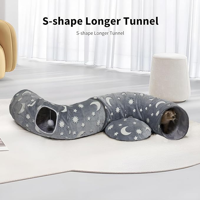Cat Tunnel Bed for Indoor Cats with Washable Cushion Cat Cave Donut Tunnel with Fluffy Ball Big Round Tube Pet Playground Toys Soft Plush Peekaboo for Kitten, Cat, Puppy, Rabbit, Ferret(Moon Star)