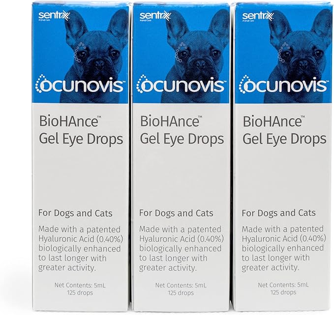Sentrx - Ocunovis Gel Eye Drops for Dogs and Cats with Dry Eyes, Hydrating Cat and Dog Eye Drops with Hyaluronic Acid, Non-Blurring and Non-Stinging Artificial Tears, 5 ml, 3 Pack