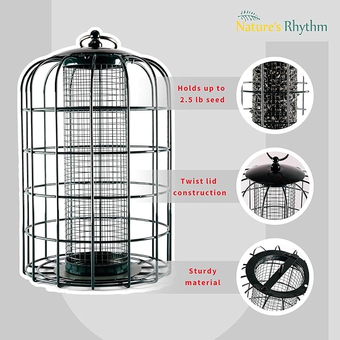 Nature's Rhythm Outdoor Hanging Bird Feeder Cage Mesh Tube Squirrel Proof Wild Bird Feeder with Large Metal Seed Guard Deterrent