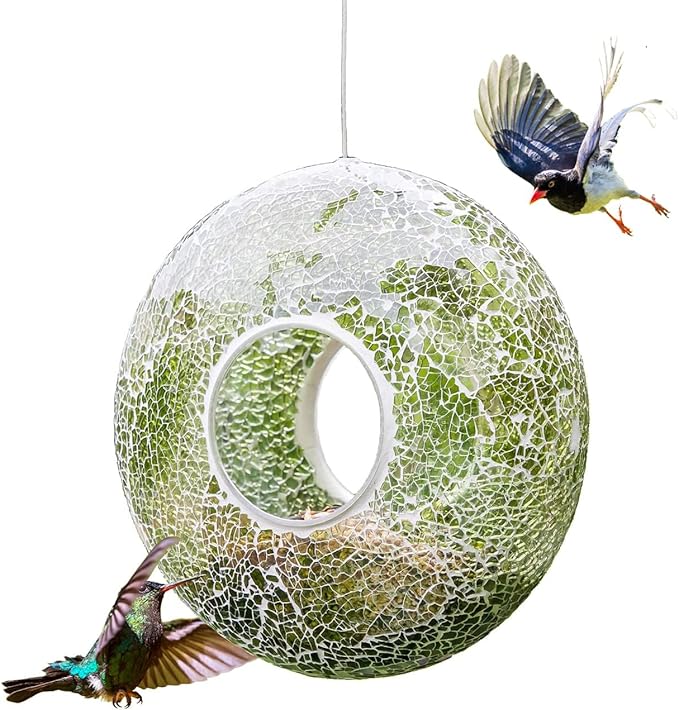 DUSVALLY 9" H Round Fly Through Bird Feeder for Wild Bird Seeds, Crackled Glass Mosaic Outdoor Hanging Feeder for Decorative in Outdoor Garden & Yard, Attracting Wild Birds, Green