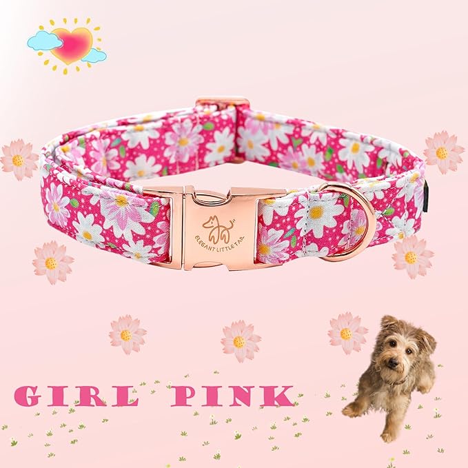 Elegant little tail Dog Collar, Pink Floral Pattern Pet Collar Durable Cute Dog Collars Summer Female Pet Gift Adjustable Dog Collar for Small Dogs