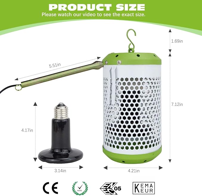 Reptile Heat Lamp with Guard, Ceramic Heat Lamp Bulb with Anti-Scald Lampshade, Adjustable Reptile Ceramic Heat Lamp from 0-100W, for Turtle, Snakes, Lizards, Frogs, Bird, No Light Only Heat (Big)