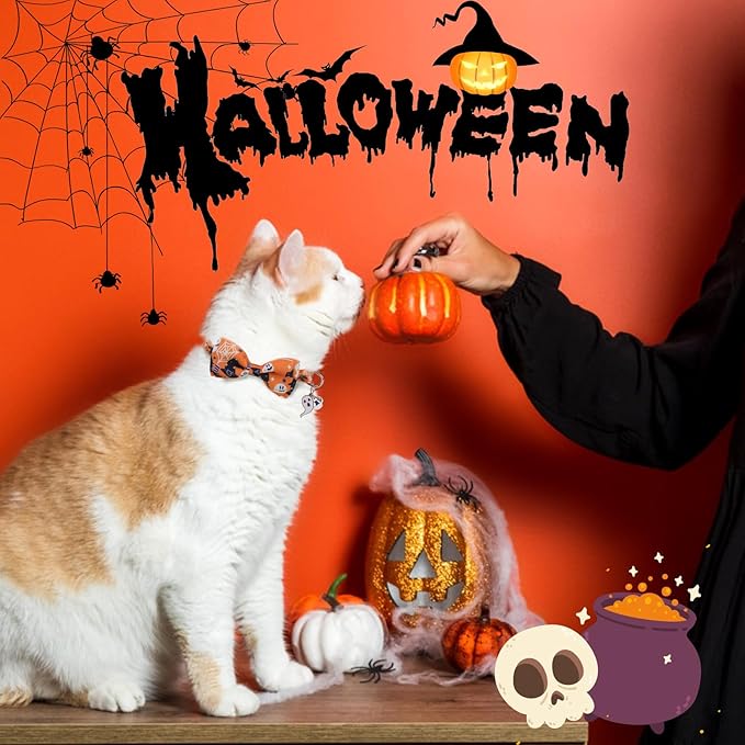 SCENEREAL Cat Collar Breakaway Halloween Theme 3 Pack, Safety Collars, Pet Accessory for Outdoor and House Cats Kittens, Orange Purple