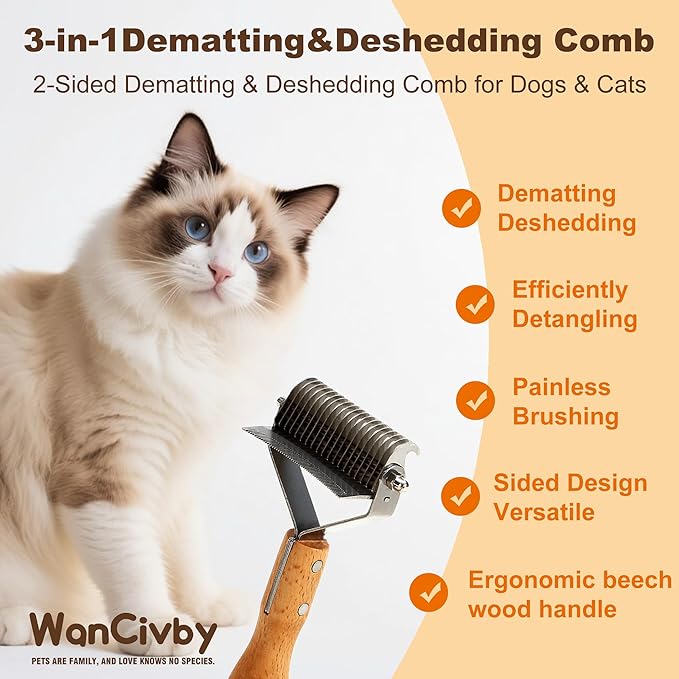 3-in-1Dematting & Deshedding Comb Undercoat Rake for Cats& Dogs,Detangling Matted Fur & Hair Remover Tool Pet Grooming Rake for Shedding and Dematting,Ergonomic beech wood handle (Round Handle)