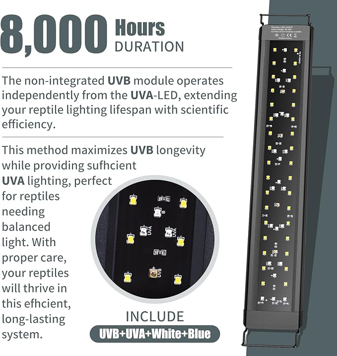 8-Inch LED UVA UVB Light for Reptiles with Controller, Full Spectrum UVA & UVB Reptile Light with Auto 24-Hour Cycle Timer & 10 Dimmable for Bearded Dragons, Turtles, Frogs, Snakes, Plants