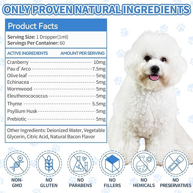 Natural Antibiotics for Dogs, Herbal Dog Antibiotics Supplement in Drops with Prebiotics, Natural Herbal Supports for Dogs Puppy All Breeds and Ages-Chicken Flavor | 2 fl oz
