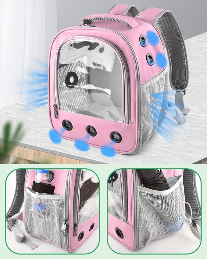 Guinea Pig Carrier Backpack, Portable Rabbit Travel Carring Bag for Pet Bunny Chinchilla Bearded Dragon Hamster Parrot Outgoing Pouch Case with Water Bottle Holder & Detachable Pad (Pink)