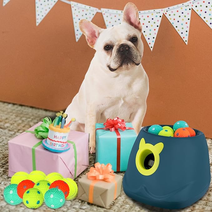 Automatic Ball Launcher for Dogs, Dog Fetch Ball Thrower Launcher, 4 Adjustable Distances, Interactive Pet Self Playing for Small Dogs and Puppies with 10 Balls (2 inches)