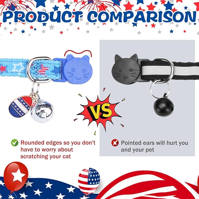 PUPTECK 3 Pack 4th of July Cat Collar with Bells Breakaway - Safety Small Kitten Collar Adjustable American Flag for Independence Day Blue, 8-12 in