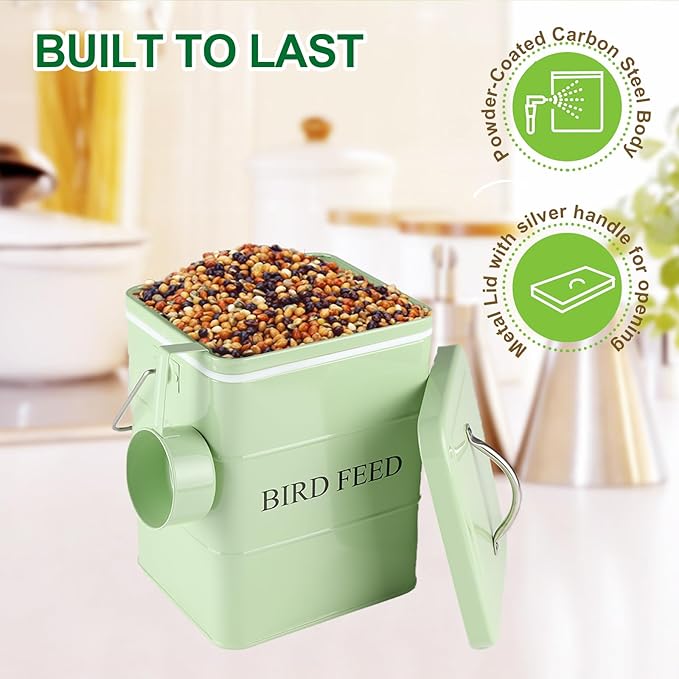 Bird Seed Storage Container Airtight,5~6LB Metal Bird Food Container with Scoop,for Storing Sunflower Seed-Ideal for Outdoor or Indoor-Squirrel Proof -Green