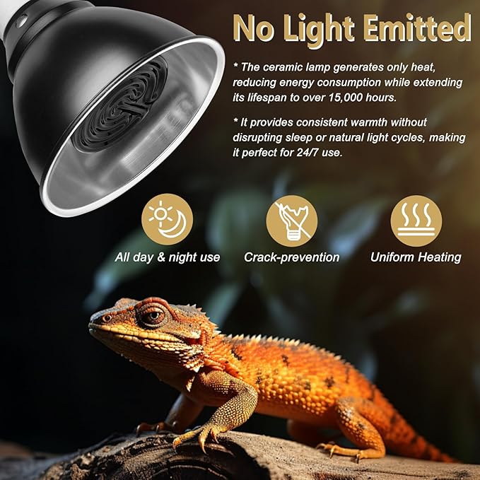 Pack of 3 Black Ceramic Heat Emitters, 100W Reptile Heat Bulbs for Lizards, Snake, Bearded Dragon, Reptiles & Amphibians, No Light & No Disturbing