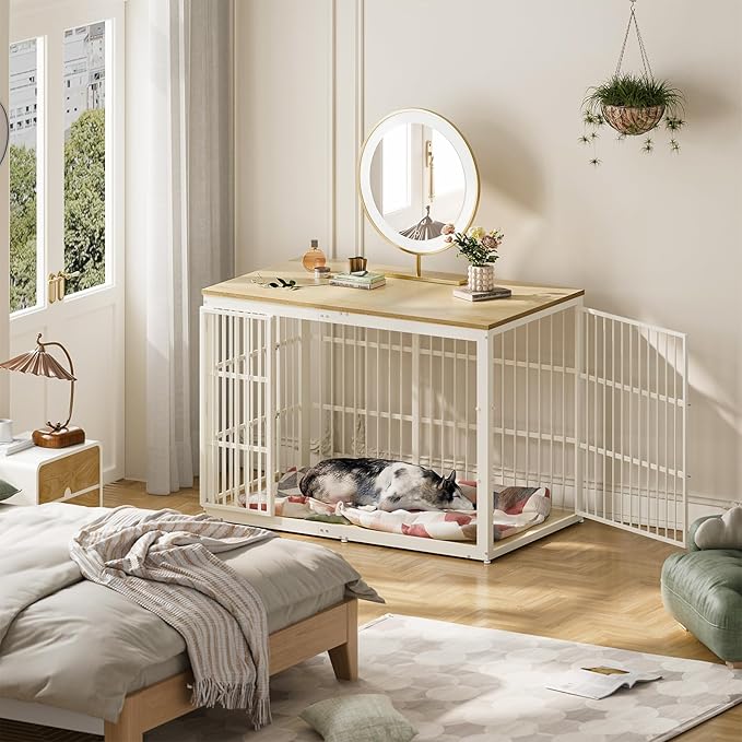 54" Dog Crate Furniture with Foldable Door, XXL Dog Crates for Large Dogs, Wooden Decorative Dog Cage Kennel Indoor End Table, Natural Beech