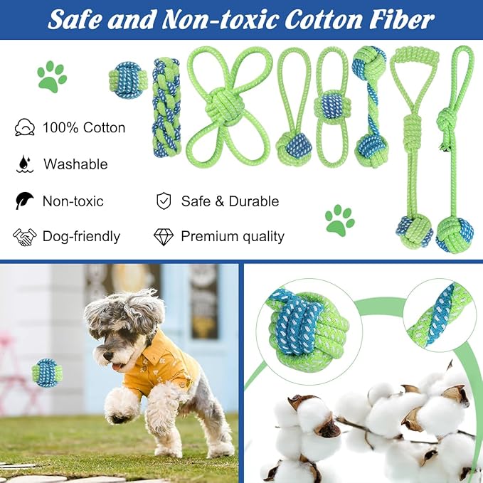 ETACCU 8 Pack Dog Rope Toys for Puppy & Small Dogs , Puppy Rope Toy for Aggressive Chewers, Indestructible,Keeping Dogs from Being Bored- Green