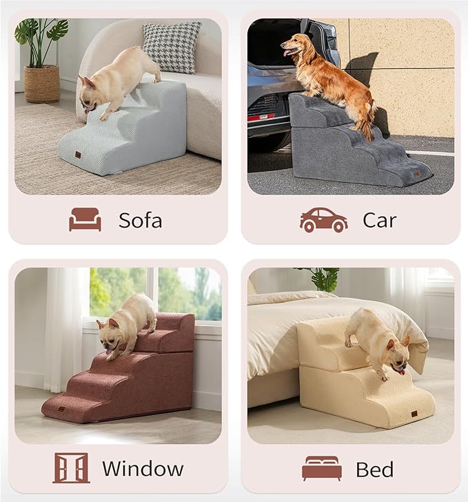Made4Pets Dog Stairs Ramp for Small Dogs, 3-Step Dog Steps for Bed Couch Sofa and Chair, 35D Foam Pet Steps for Small Dogs and Cats, Non-Slip Bottom Pet Stairs, Brown