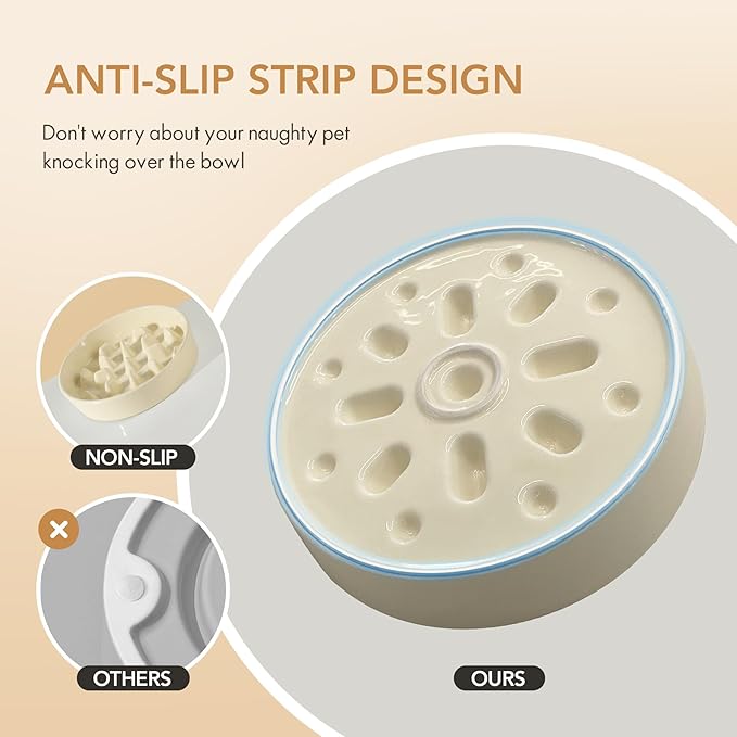 Ceramic Raised Slow Feeder Dog Bowl Set, Elevated 8.2inch Bowl and 9.5inch Slow Pet Food Dish with Wooden Stand for Large Dog (2 x Beige+ Stand)
