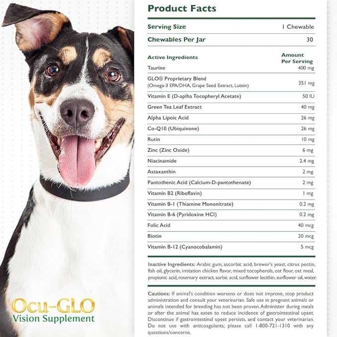Ocu-GLO Cat & Dog for Eye Support - Chewable Vision Supplement for Large and Small Pets Care with Lutein, Omega-3 Fatty Acids, Grape Seed Extract & Antioxidants 30 XL Chewables