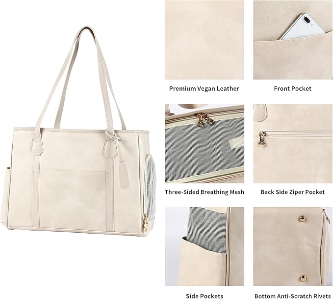Stylish Dog Purse Carrier, Leather Pet Carrier Bag for Small Dogs Cats Puppy, Airline Approved Soft-Sided Carrier Beige