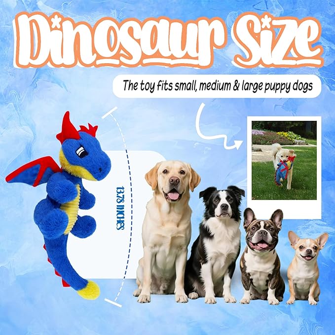 Original Blue Dinosaur Plush Dog Toy, Cute Dog Squeak Toys, Soft Stuffed Animals for Small Medium Large Dogs, Puppy Toys and Surprising Dog Birthday Gifts