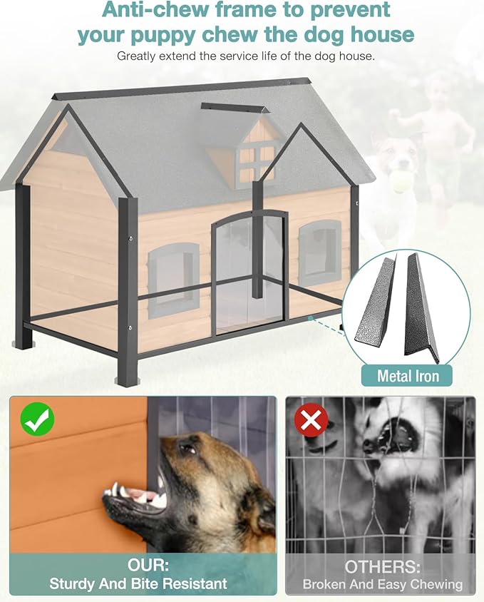 Outdoor Dog House with Iron Frame - Comfortable Shelter for Small to Large Dogs, Ideal for Indoor/Outdoor Use (Wood, L)
