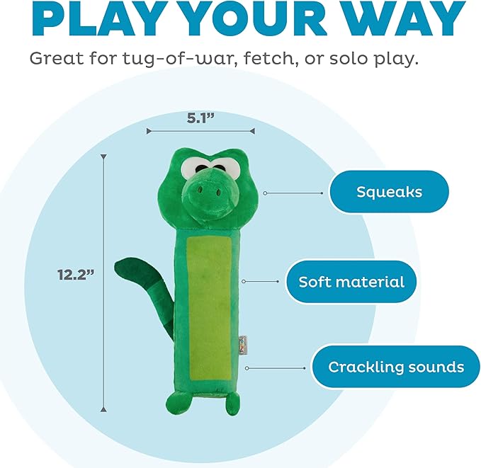 Outward Hound Bottle Bros Alligator Dog Toy, 12 Inch Plush Squeaky & Crackle Toy for Dogs, Interactive Fetch & Engaging Solo Play, Medium, Green