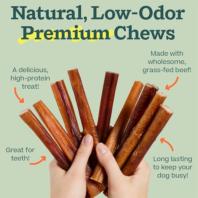 WOOF Bully Sticks Dog Treats - Chew Sticks for Dogs - Long-Lasting Dog Chew Treats - Made with Free-Range, Grass-Fed Beef - 6" Sticks - 25pk