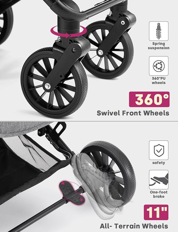 Dog Stroller for Small/Medium Dogs Up to 60lbs, 4 Wheels Folding Pet Stroller with Detachable Carrier, Pet Travel Carrier for Puppy & Cats, Storage Basket, Breathable Mesh, Grey