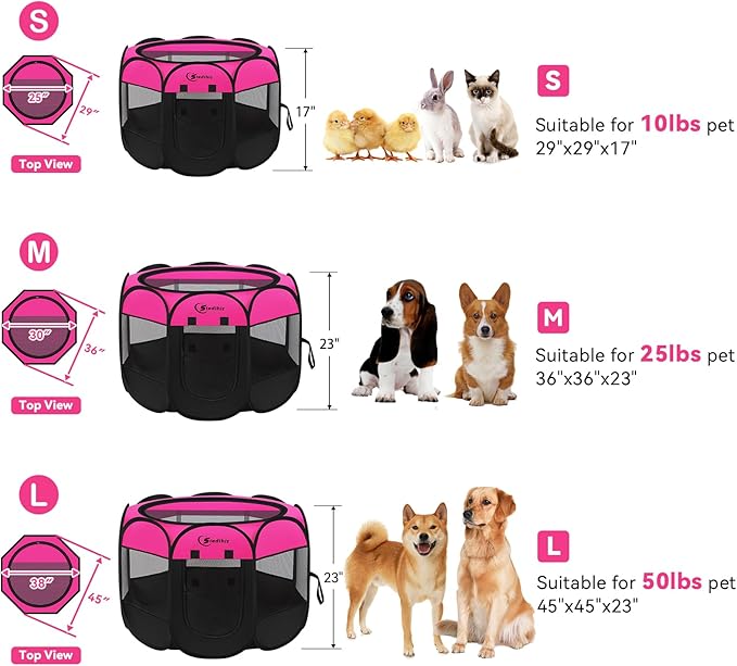Dog Playpen, Puppy Pet Playpens Indoor for Small Dogs Tent Crates Cage Indoor/Outdoor, Portable Pop Up Dog Kennel Playpen with Carrying Case for Dogs/Cats/Rabbits, Removable Zipper Top, Hot Pink