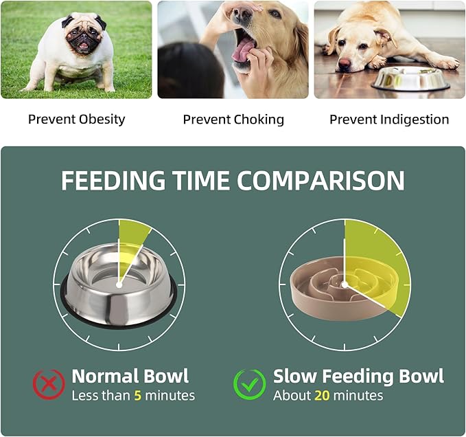 Ceramic Raised Slow Feeder Dog Bowl Set, Elevated 8.2inch Bowl and 9.5inch Puzzle Slow Food Dish with Wooden Stand for Large Dog, Anti-Gulping (2X Brown Coffee+ Stand)