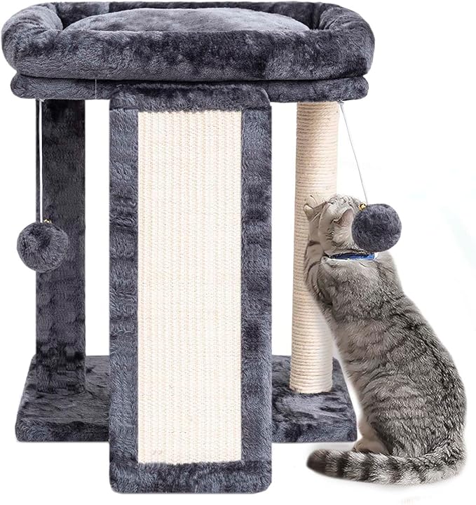 SYANDLVY Small Cat Tree with Perch, Cat Scratching Board for Indoor Cats, Scratching Post with 2 Dangling Balls, Great for Kittens (Smoky Grey)
