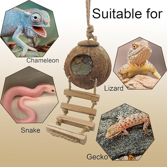 Crested Gecko Coconut Hide with Ladder,Reptile Natural Coco Shell Ladders Geckos Hideout Hut Lizards Hermit Habitat Leopard Gecko Terrarium Plant Accessories for Chameleon Snakes
