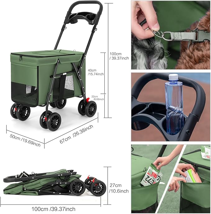 Pet Stroller Cat Dog Stroller Travel Folding Pet Carriers(Green)