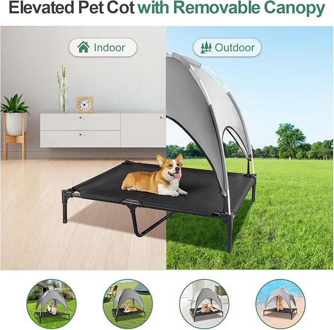 Elevated Outdoor Dog Bed with Canopy, Raised Dog Cot with Shade, Waterproof Dog Tent for Medium Large Dogs Portable Cooling Pet Bed with Breathable Mesh for Camping Beach, XL