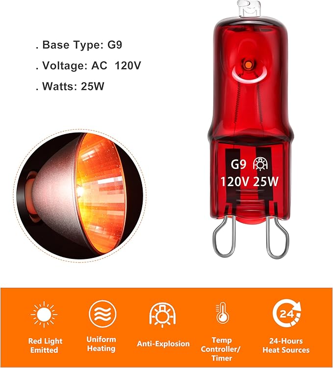 Reptile Heat Lamp G9 Bulb 25W 120V 2 Pin 3 Pack Base Light Bulb Replacement Dimmable Warm Red