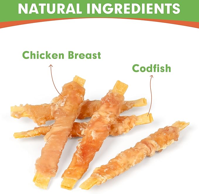 MON2SUN Rawhide Free Dog Treats, 4 Inch Chicken Wrapped Cod Fillet Dog Snacks for Small Dogs, Soft and Training Treats, 10.58oz (30 Count-Pack of 1)