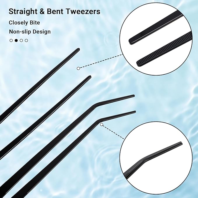 Segarty Longer Aquarium Aquascaping Tools, 4 in 1 Stainless Steel Black Aquarium Tools Kit for Aquatic Plant Fish Tank, Long Scraper Spatula Feeding Tweezers Curved Scissors Anti Rust Aquascape Set