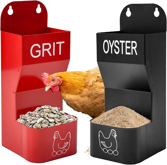 2 Pack Chicken Oyster Shell Feeder and Grit Device, Corner Chicken Feeder, Coop Accessories, Suitable for Hens and Chicks (Black + Red - 2)