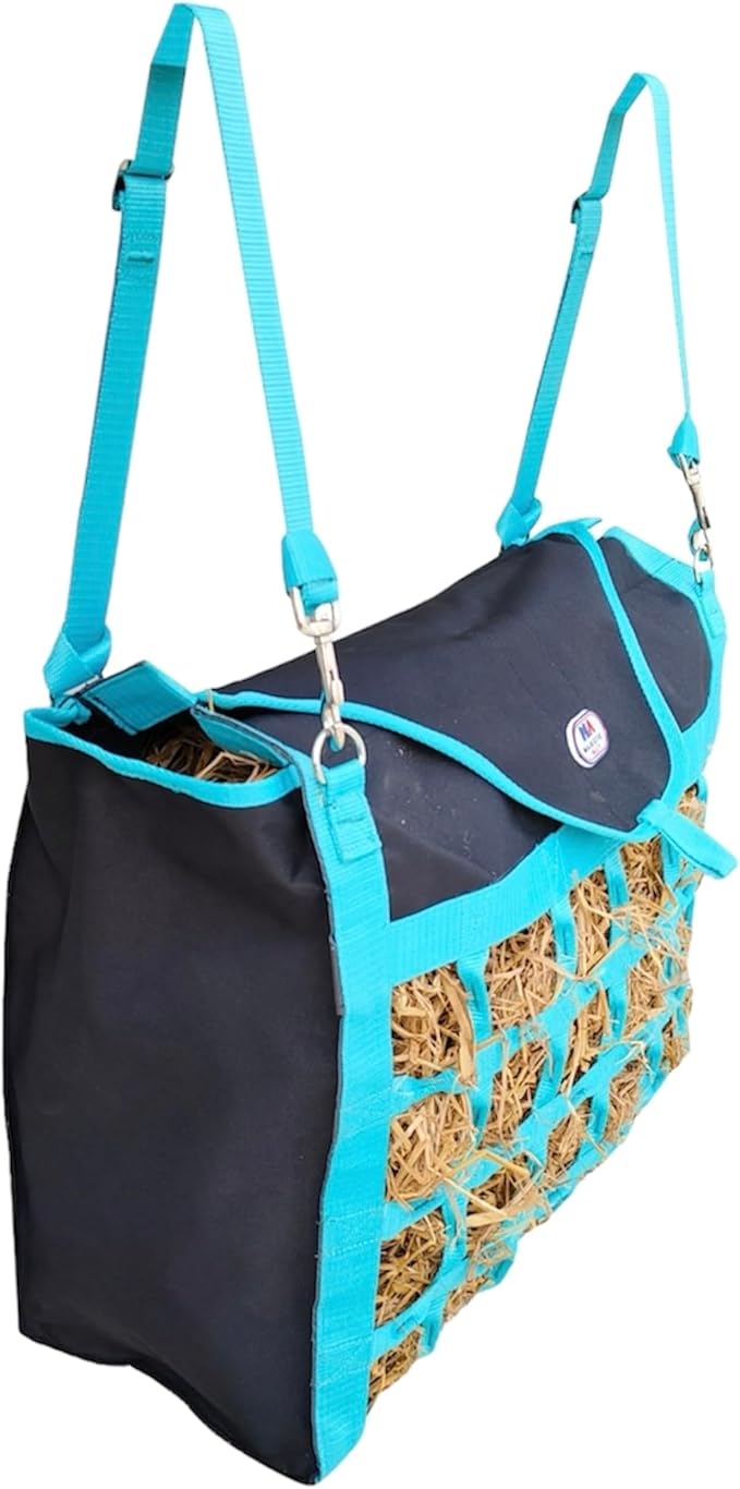 Majestic Ally Animal Health Hay Bag for Horses, 2.5" Holes, Top Load, Travel Feeder, Reduces Waste, 1 Year Warranty, Multiple Colors (Turquoise-Black)