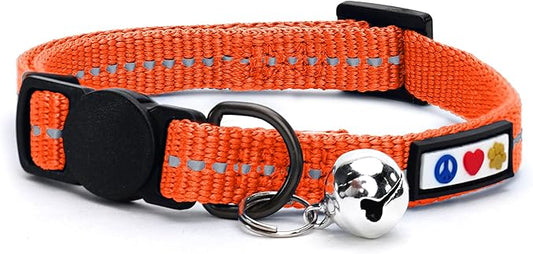 Pawtitas Recycled Cat Collar with Reflective Stitched and Safety Buckle Removable Bell Reflective Cat Breakaway Collar Made from Plastic Bottles - Orange Habanero Cat Collar.