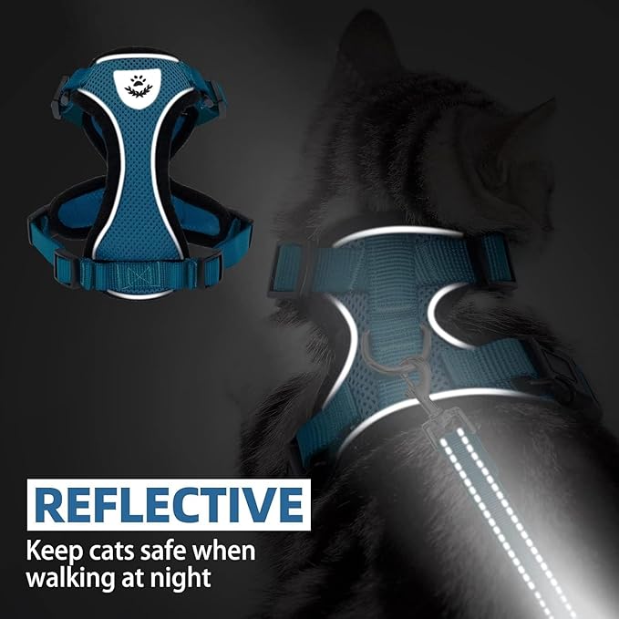 PUPTECK Cat Harness and Leash Set Escape Proof Reflective Cat Walking Harness Adjustable Soft Breathable Mesh Vest for Small Pets, Blue, M