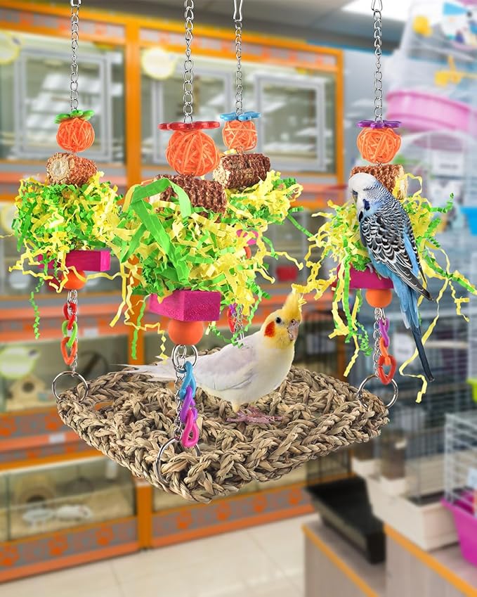 ERKOON Conure Toys, Bird Cockatiel Toys Foraging Swing Mat Parrot Climbing Hammock Wall with Colorful Toys for Birds Shredding Seagrass, Birds Cage Toy Accessories
