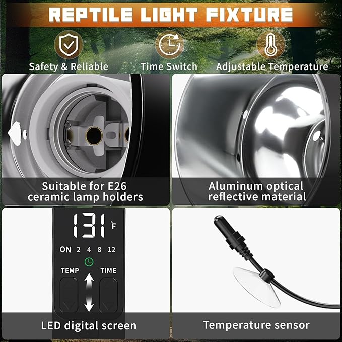 Reptile Light Fixture with Thermostatic Timer, 5.5 Inch Deep Dome Reptile Heat Lamp Fixture with Thermostatic Timing Remote Control Max 160W for Reptile Glass Terrariums