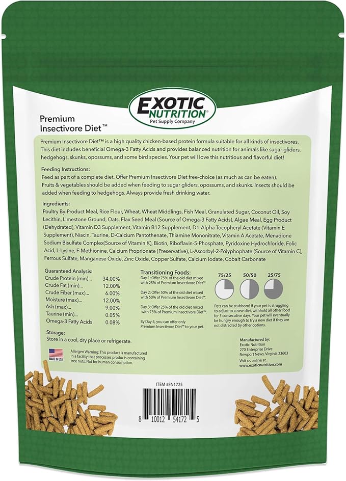 Premium Insectivore Diet (1.25lb) - Healthy Nutritious Chicken Based High Protein Pellet Diet - for Sugar Gliders, Hedgehogs, Opossums, Skunks & Other Insectivores