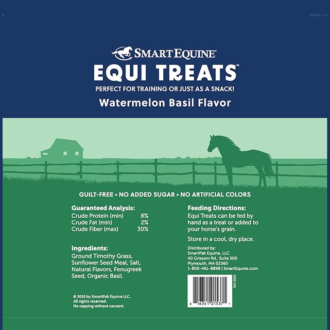 Equi Treats | Made with Timothy Grass & Sunflower Meal | High-Fiber Horse Treats | Low ESC & Starch | Bite-Sized | No Added Sugar | Watermelon Basil Flavor Cookies for Horses | 4 LB