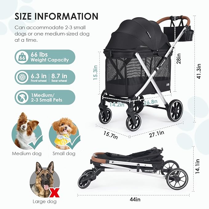 X6 Luxury Dog Stroller for Medium Dogs up to 66 lbs, Dog Wagon with 180° Canopy, One-Second Fold Design, 4-Wheel Shock Absorption (Black)
