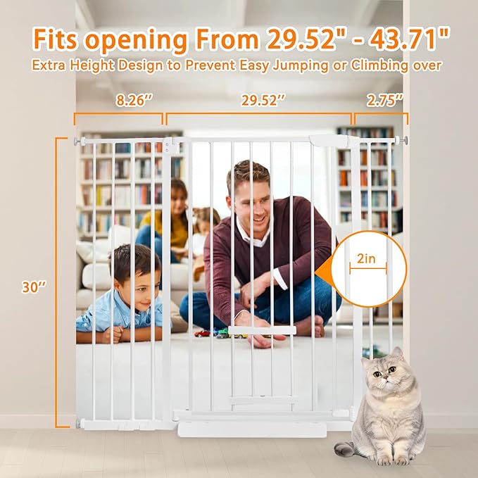 30 Inch Tall Baby Gate with Small Cat Door, Adjustable Auto Close Dog Gate Easy Walk Thru Pet Door for Stairs, Doorway, House (White, 29.52"-43.71")