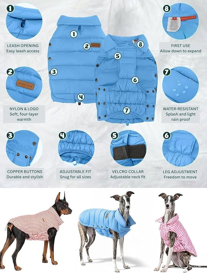 SPACE LION Puffer Jacket, Down Winter Coat, Durable Outdoor Coat for Cold and Windy Conditions, Waterproof, Windproof, Lightweight Jacket, Adjustable Fit for Medium, Large Dogs(Blue,XL)