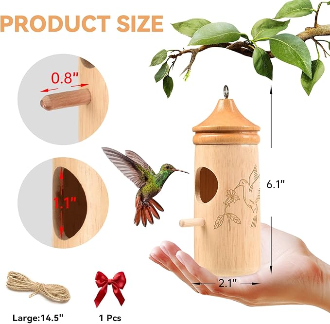 Hummingbird House, Solid Wood Hummingbird Houses for Outside-Exquisitely Handcrafted Birdhouse with Ribbon and String Hanging Kit, Durable Garden Decor, Perfect Gardening Gift(Style-G, 1 Pack)