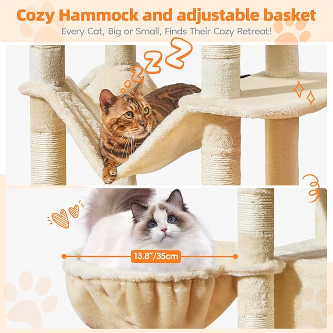 Taoqimiao Large Cat Tree,73-Inch Cat Tree Tower with 9 Scratching Posts for Indoor Cats, 2 Large Cat Condo with Hammock, Hanging Basket, 2 Extended Platform, Beige MS013XLM